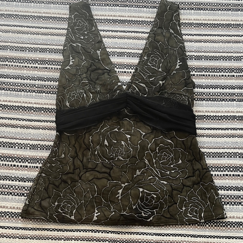Elegant Floral Camisole with Black Ribbon Tie